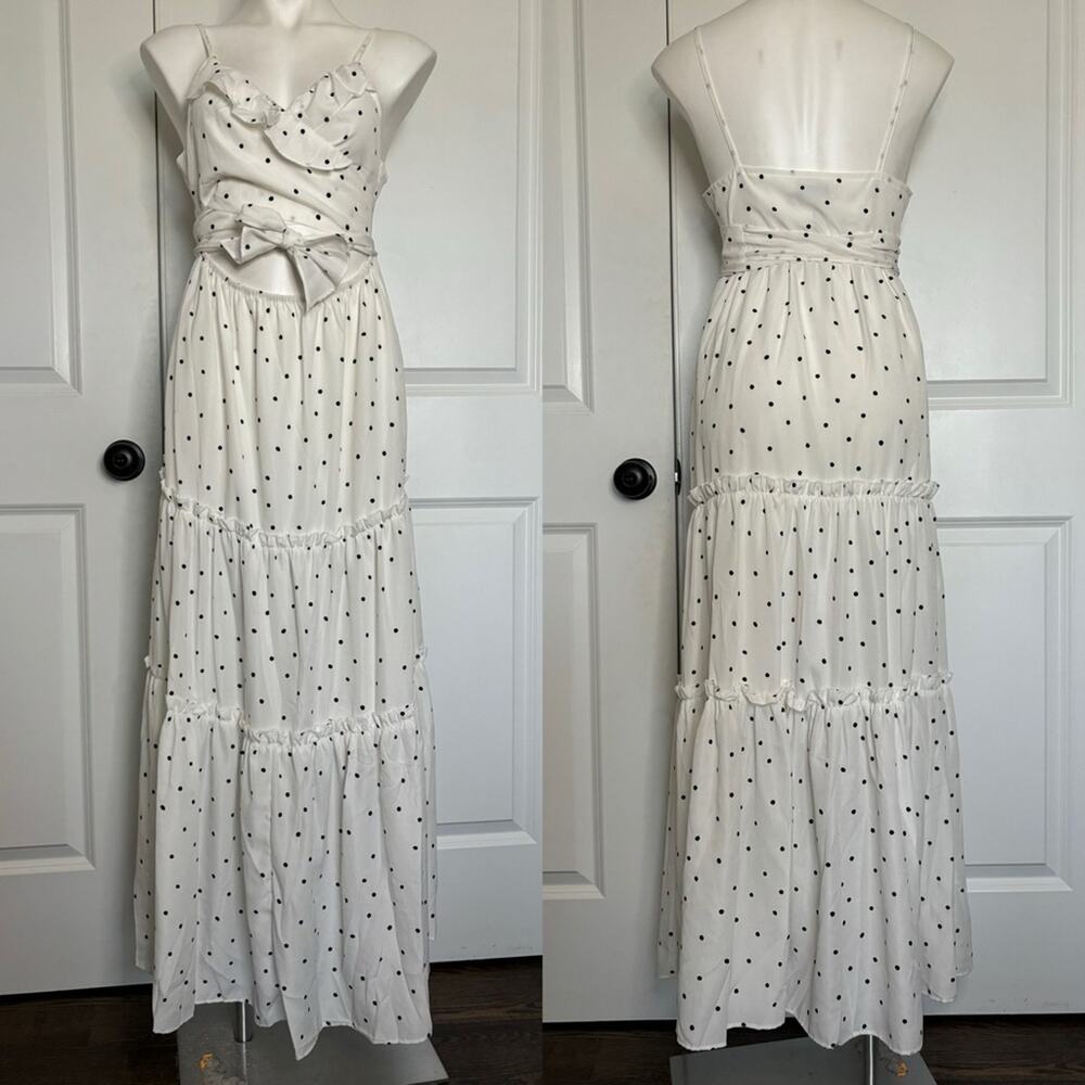 NWT Fashion Mia White Black Polka Dot Ruffle Wrap Top Tiered Maxi Dress M